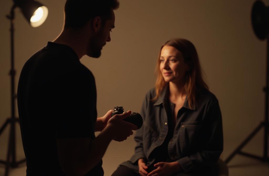 Professional photography studio session in action with client