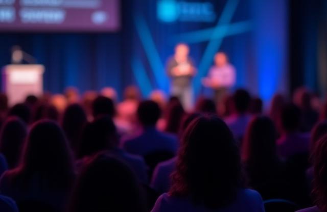 Dynamic event photography example showing a speaker engaging with an audience